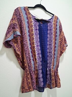 One World Womens Top Purple Boho Printed